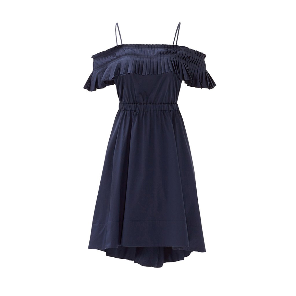 Tibi Cotton Poplin Ruffle Off-Shoulder Dress - Navy, Aso Meghan Markle